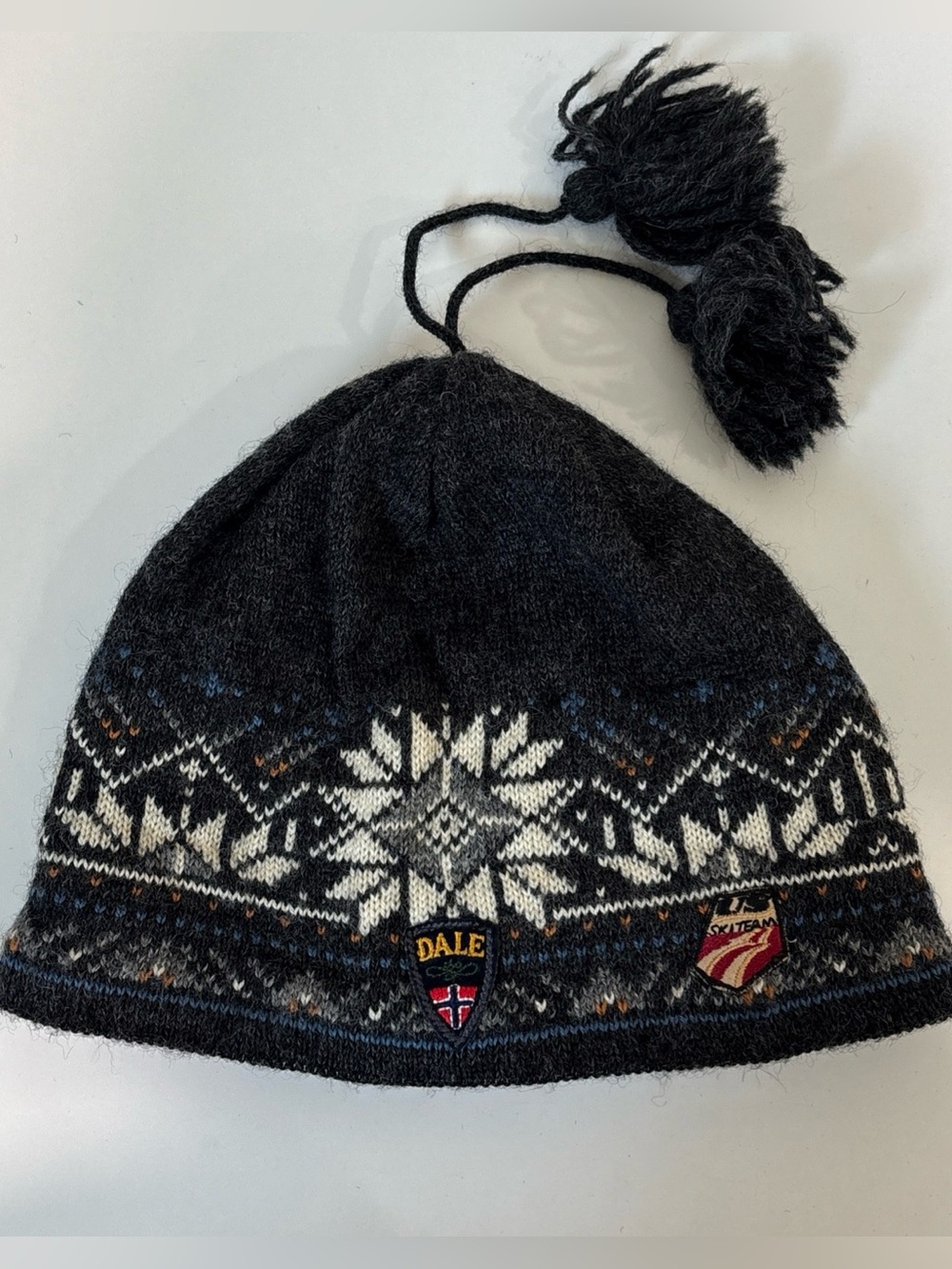 Dale Of Norway Wool Beanie Hat Blue Nordic Fair Isle US Ski Team Tassel One Size